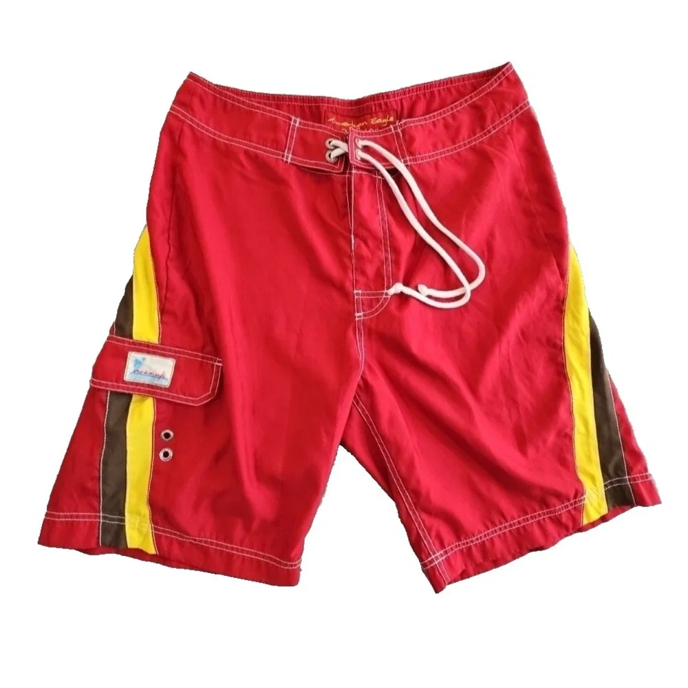 American Eagle Men 32 Board Shorts Swim Trunks Red Yellow 10 Inseam EUC Surf NWT
